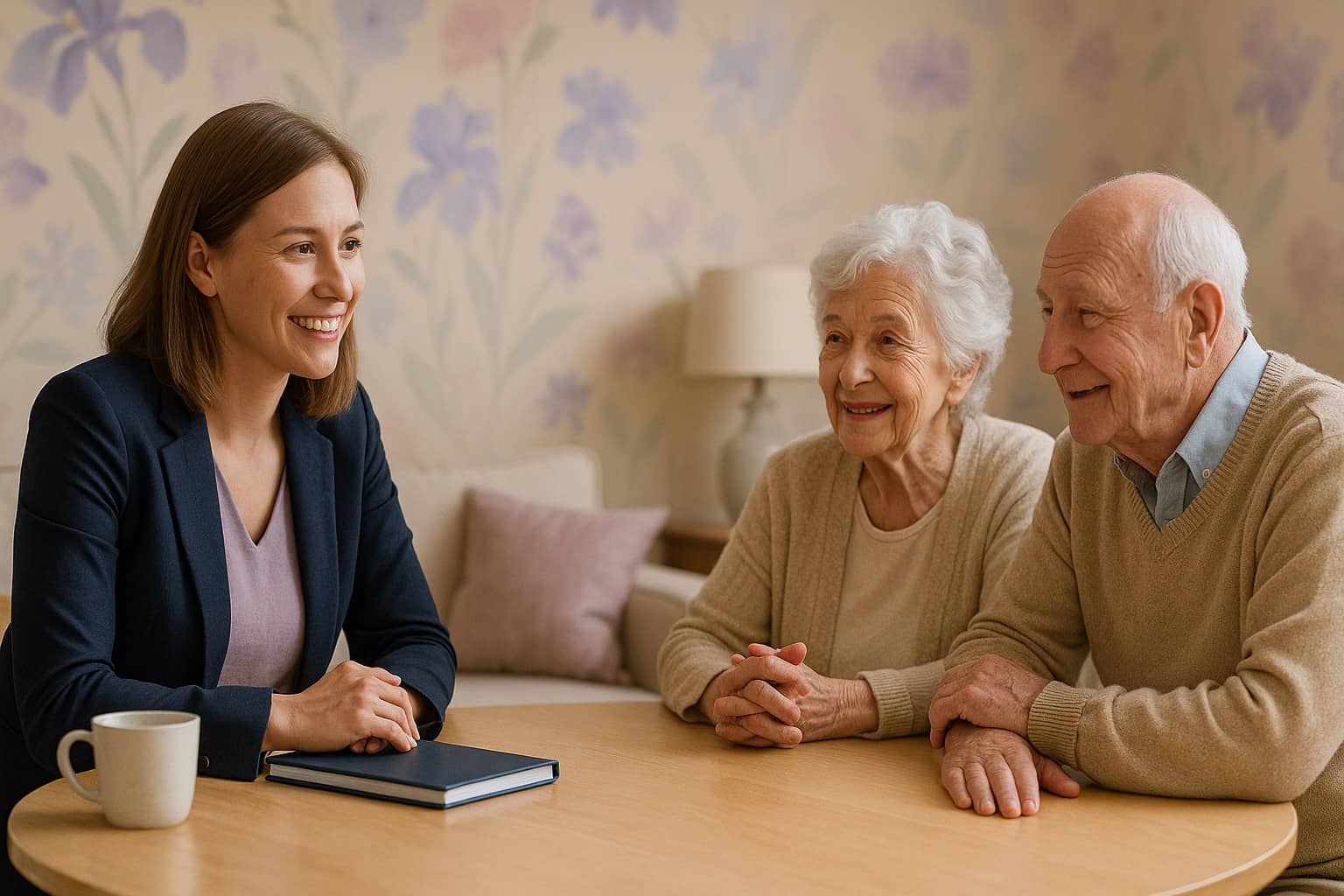 A care consultant sits at a table with an older couple, all three smiling as they talk